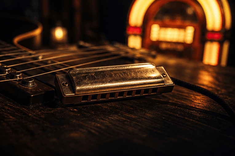 A harmonica resting on guitar strings across a dark wooden table with warm jukebox light