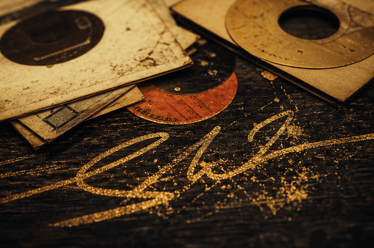 Aged record sleeves and 45 rpm discs on dark wood with gold brush-mark texture