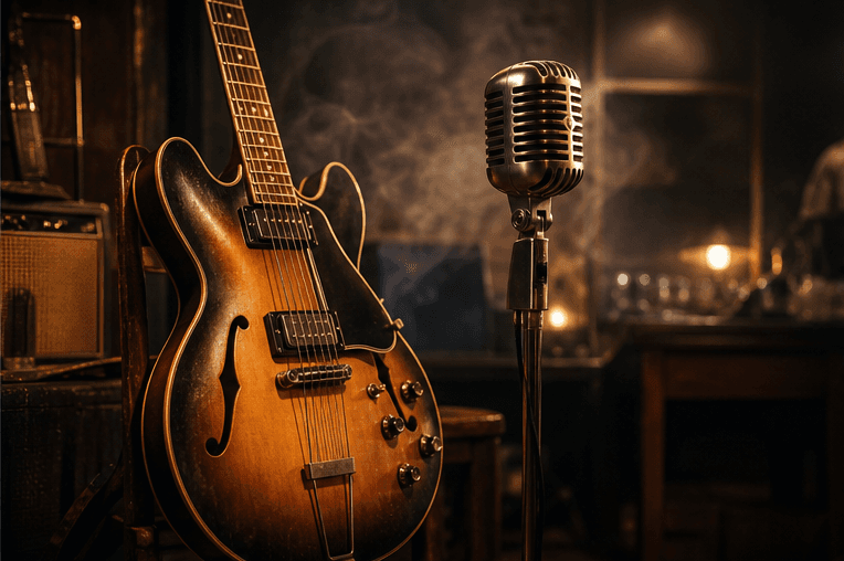 A vintage guitar beside a chrome microphone in a smoky amber-lit studio