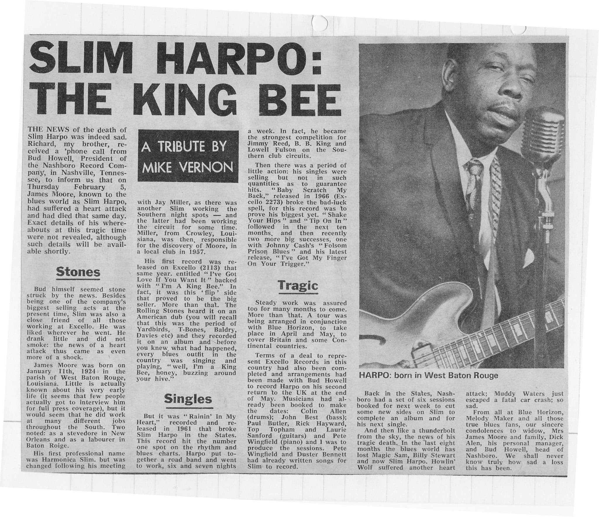 Newspaper feature connected to Slim Harpo and King Bee