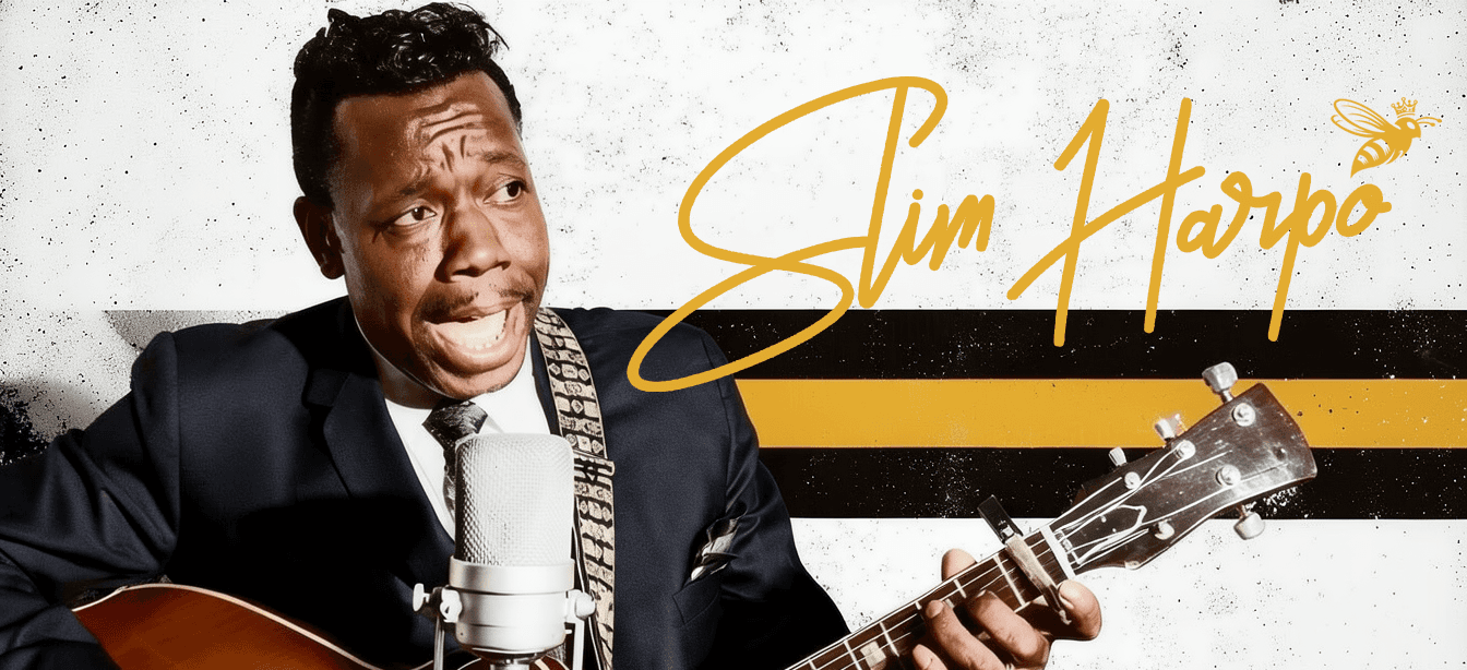 Slim Harpo performing with guitar and microphone beside his gold signature